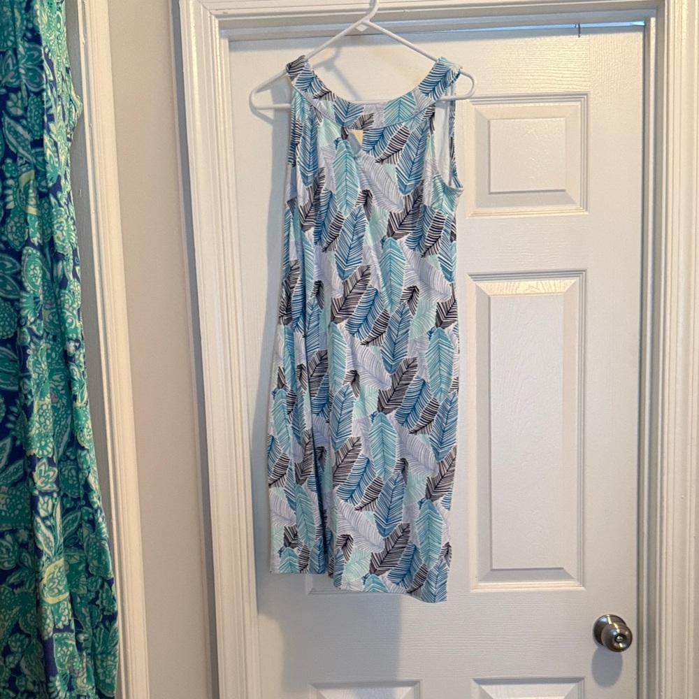 Talbots Blue and Black Leaf Print Midi Dress